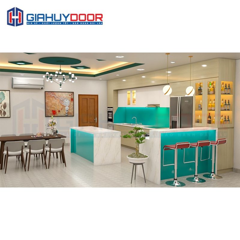 Nội thất nhà bếp kiểu châu Âu có bar mini