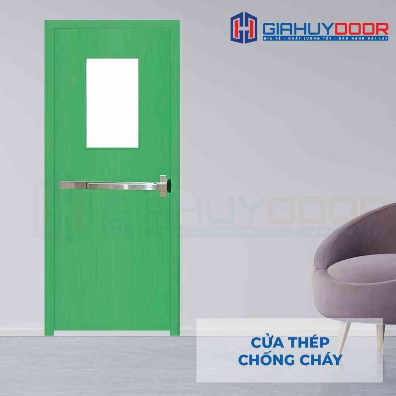 Cửa thép chống cháy P1G1 xanh có thanh thoát hiểm