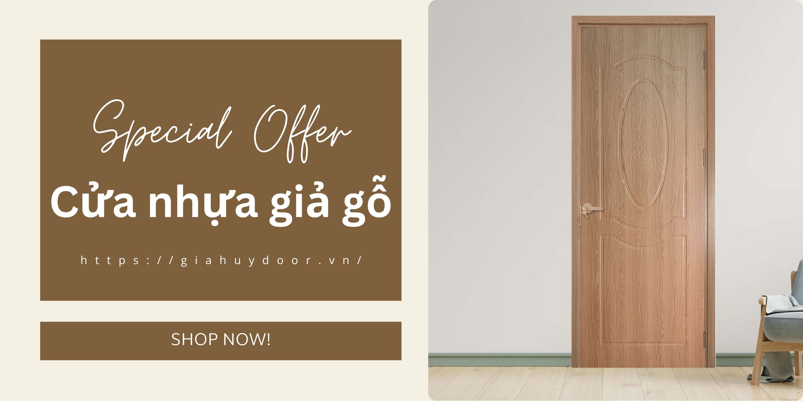 Mẫu cửa nhựa giả gỗ màu trung tính có trang trí hoa văn